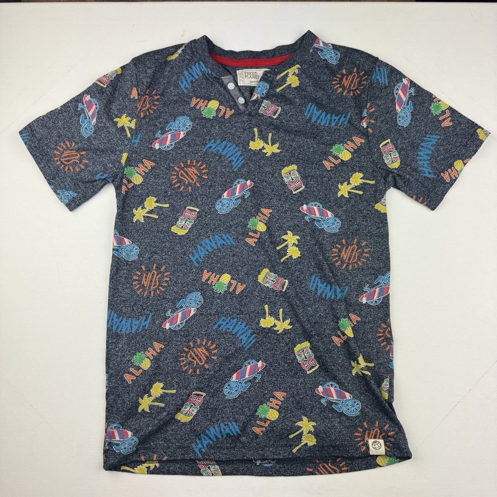 Free Planet Boys L 14 16 Hawaiian Tiki Aloha Surf Henley Shirt Tropical